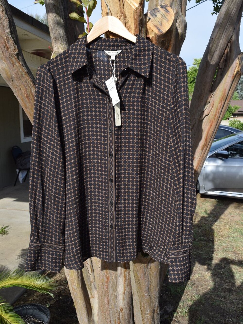 NWT Max Studio London Chain Link Geometric Print Blouse Large Black Brown $99